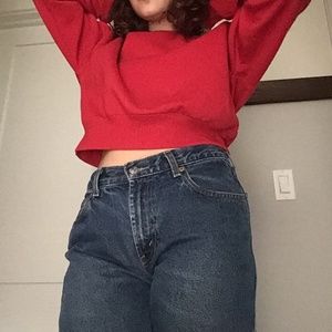 cropped red sweater with checker sleeves